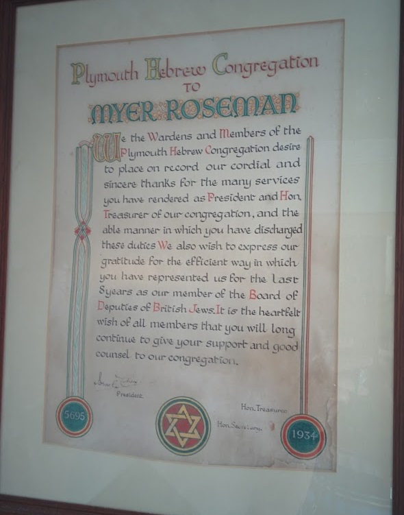 Plymouth Synagogue - Certifiacte Myer Roseman