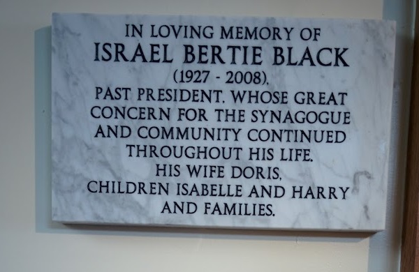 Plymouth Synagogue - Plaque re Israel Bertie Black