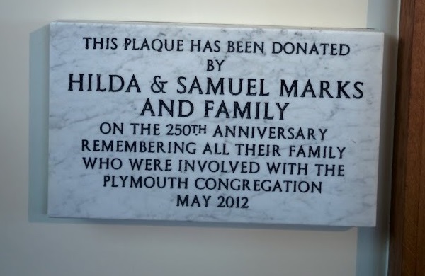 Plymouth Synagogue - Plaque re Hilda & Samuel Marks
