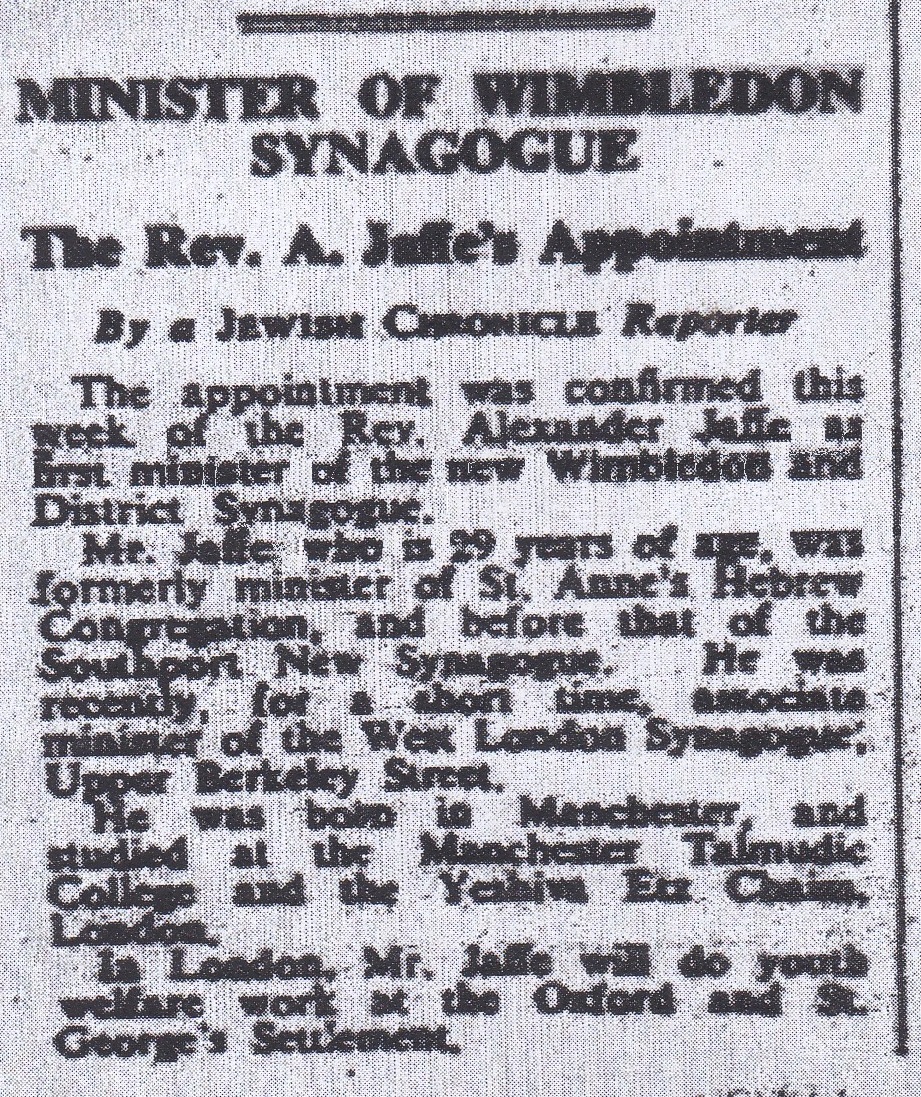 Rev. Alex Jaffe appointment Wimbledon Synagogue